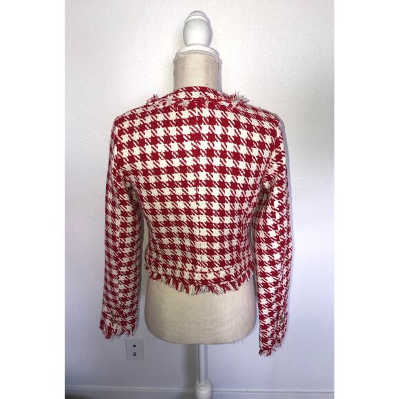 Walter Baker Red and White Picnic Tweed Houndstooth Fringe Jacket -S - Picture 5 of 6